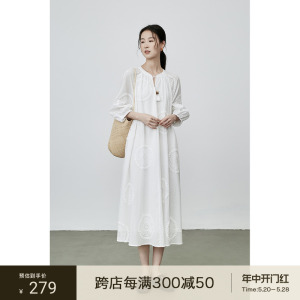 【新品】CAREMIND白色浪漫氛围感连衣裙刺绣提花镂空长裙子女