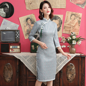 名丽莎蕾丝旗袍2024新款时尚改良七分袖大码中国风优雅演出连衣裙