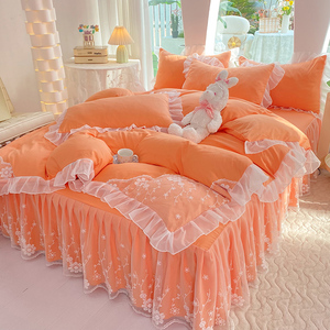 韩版公主风蕾丝花边床裙四件套网红少女心水洗棉床单被套全棉纯色