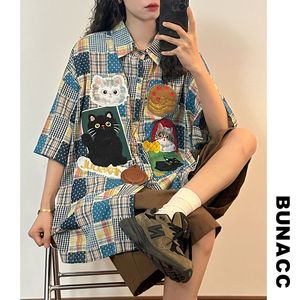 BUNACC2024夏新款美式复古童趣百家布格子小猫刺绣短袖衬衫女上衣