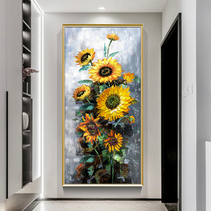 手绘油画现代简约玄关装饰画轻奢竖版走廊过道挂画入户壁画向日葵