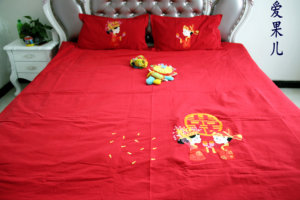 鲁锦老粗布床单纯棉四件套双人床结婚床上用品大红色婚床刺秀裸睡