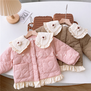 韩系女童冬装棉衣甜美新款童装宝宝花边娃娃领绗棉夹棉外套小童女