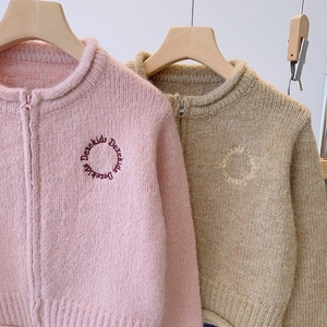 香港韩国代购女童装2023冬款儿童卷边纯色毛衣羊毛衫拉链开衫
