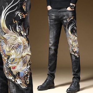 古典中国风高端刺绣花牛仔裤男潮牌弹力修身小脚个性图案潮流长裤