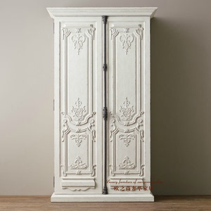法式复古白色雕花双门衣柜欧式实木橡木四门衣橱美式天地锁储物柜