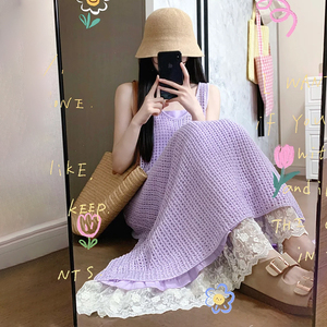紫色镂空针织背心连衣裙子女夏季2024新款小个子法式吊带长裙套装