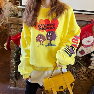 韩国东大门新款冬季可爱卡通两颗爱心黄色休闲宽松中长卫衣女加绒