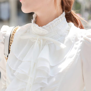女式白衬衫修身长袖雪纺衬衫花边立领大码打底白衬衣上衣厂家直销