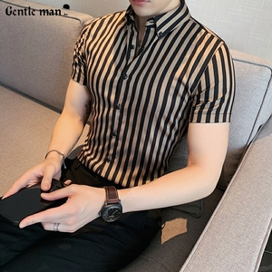 夏季新款高级感条纹衬衫男短袖韩版修身潮流帅气商务休闲男士衬衣