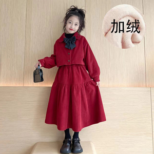 BOLA波拉韩中大女童宽松裙套装本历新年大红色裙亲子装两件春秋冬