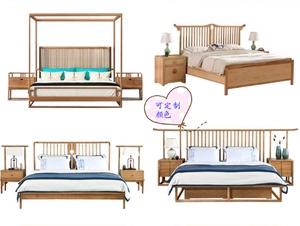新中式实木床原木色架子床1.8m禅意双人床样板房卧室酒店民宿家具