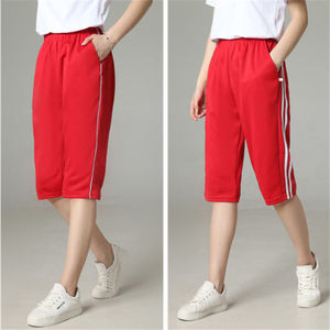 红色校服裤子夏季七分裤一道杠两道杠白条加大码女学生宽松短裤
