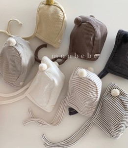 现货韩国进口新生婴儿纯棉胎帽男女宝宝可爱小熊毛球耳朵系带帽子
