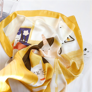 夏季新款可爱卡通樱花黄色小猫小方巾丝巾女日系网红韩国气质装饰