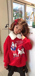 韩版可爱宽松翻领女童卫衣毛毛领加绒圣诞红色节日氛围中大童上衣