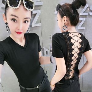 2019夏装新款短袖T恤女韩版V领时尚修身蕾丝拼接系带镂空美背半袖
