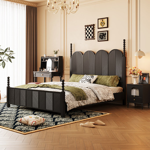法式中古风全实木床1米8黑色美式复古双人床1.5婚床2024年新款床