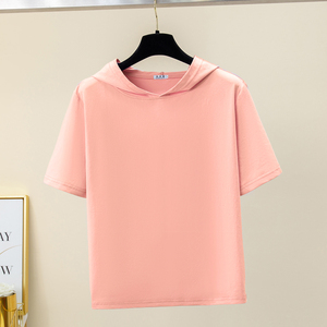 韩国粉色短袖t恤女夏季2024新款大码宽松休闲帽衫凉感带帽上衣薄