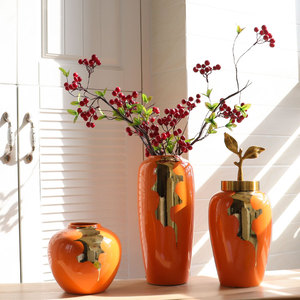 欧式陶瓷花瓶摆件橙色小陶罐客厅插花摆设干花简约现代家居装饰品