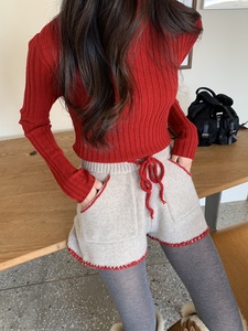 韩国东大门女装2024春冬新款时尚显瘦高腰系带雪花图案针织短裤女