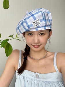 【夏日蓝格】夏季薄款清爽蓝色格纹贝雷帽清纯甜妹缝标粉色画家帽