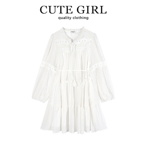 CuteGirl法式白色长袖连衣裙女春夏季小个子气质镂空系带娃娃短裙