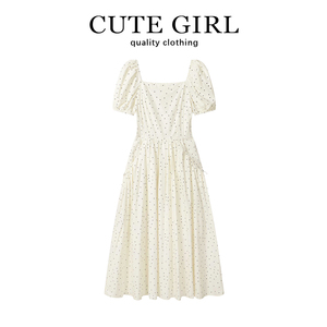 CuteGirl法式复古波点方领杏色连衣裙女夏季小个子气质百搭长裙子