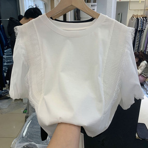 蕾丝拼接白色短袖T恤女新款设计感小众超好看半袖体恤泡泡袖上衣