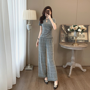 新中式国风灰色时尚休闲套装女夏季气质高级感短袖裤腿裤两件套潮