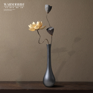 小花瓶摆件景德镇陶瓷桌面装饰禅意干花花束客厅中式插花复古黑色