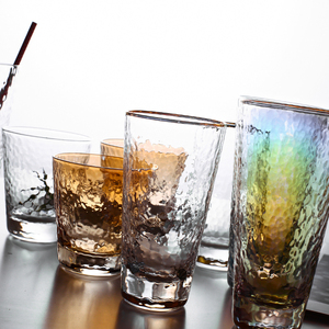 锤目纹耐热玻璃透明玻璃杯描金炫彩琥珀色冰咖啡杯果汁柠檬水家用