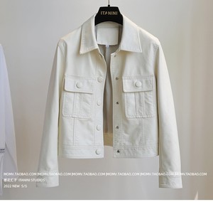 韩国米白色真皮皮衣外套女春秋薄款短高级感休闲小个子机车服夹克