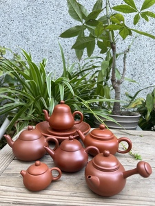 潮州朱泥手工茶壶家用手拉壶紫砂泡茶壶小容量水平矮梨形壶可断水