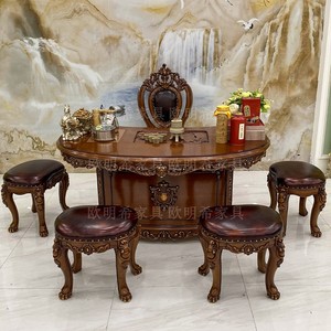 现货欧式实木功夫茶台美式古典茶桌椅组合1.6米阳台泡茶家用喝茶