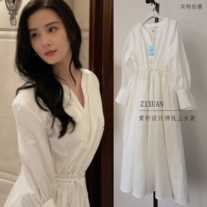 刘诗诗同款白色裙子设计感小众气质长裙收腰2024春夏新连衣裙度假