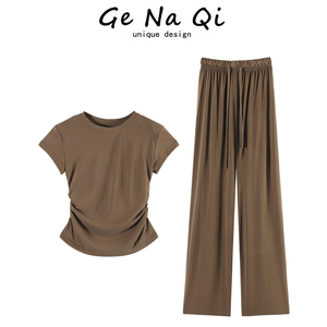 GeNaQi休闲洋气两件套装女夏装韩版气质短袖T恤休闲高腰垂感长裤