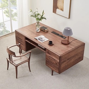 新中式书桌北美黑胡桃木意式轻奢实木书房家具办公桌家用老板桌台