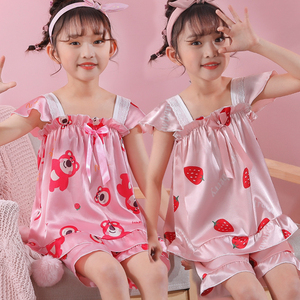 女童睡衣儿童冰丝套装夏季短袖吊带草莓熊小女孩薄款公主风家居服