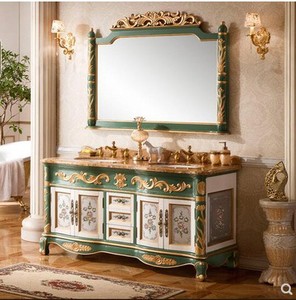 欧式浴室柜组合仿古橡木实木卫浴柜彩绘双盆落地洗脸盆柜定做高级