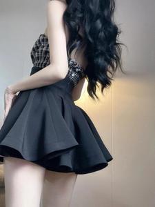 黑色蓬蓬半身裙女秋冬大码设计感高腰显瘦百褶伞裙小个子a字短裙