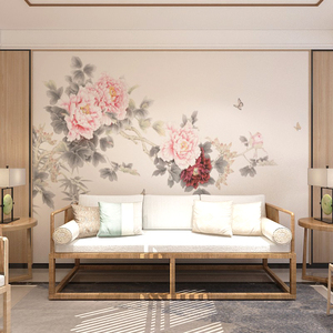 新中式牡丹花电视背景墙壁纸卧室床头定制壁画墙布客厅沙发影视墙