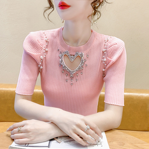 粉红色针织短袖上衣夏装女2024年新款修身显瘦镂空镶钻重工打底衫