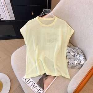 柠檬黄短袖T恤女夏季轻薄款亚麻针织打底衫短款别致宽松圆领上衣