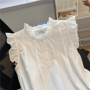 法式设计感甜美立领小飞袖白色衬衫女夏季小众无袖别致娃娃衫上衣