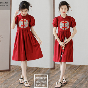 森系民族风夏季女童连衣裙改良小个子女生旗袍裙大码中大童红裙子