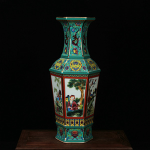 景德镇陶瓷器花瓶 仿古珐琅彩绿松石釉西洋仕女图六方花瓶工艺品