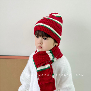 儿童帽子围巾针织两件套秋冬宝宝毛线帽百搭条纹男童女童保暖套装