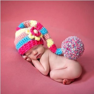 宝宝手工毛线针织球球造型长帽子新生婴儿摄影楼拍照服饰帽子道具