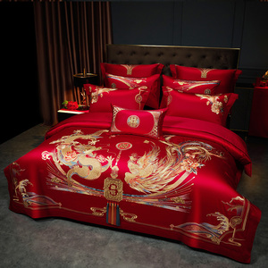 高档床上用品婚庆四件套中式大气龙凤红色结婚六八十件套新婚床单